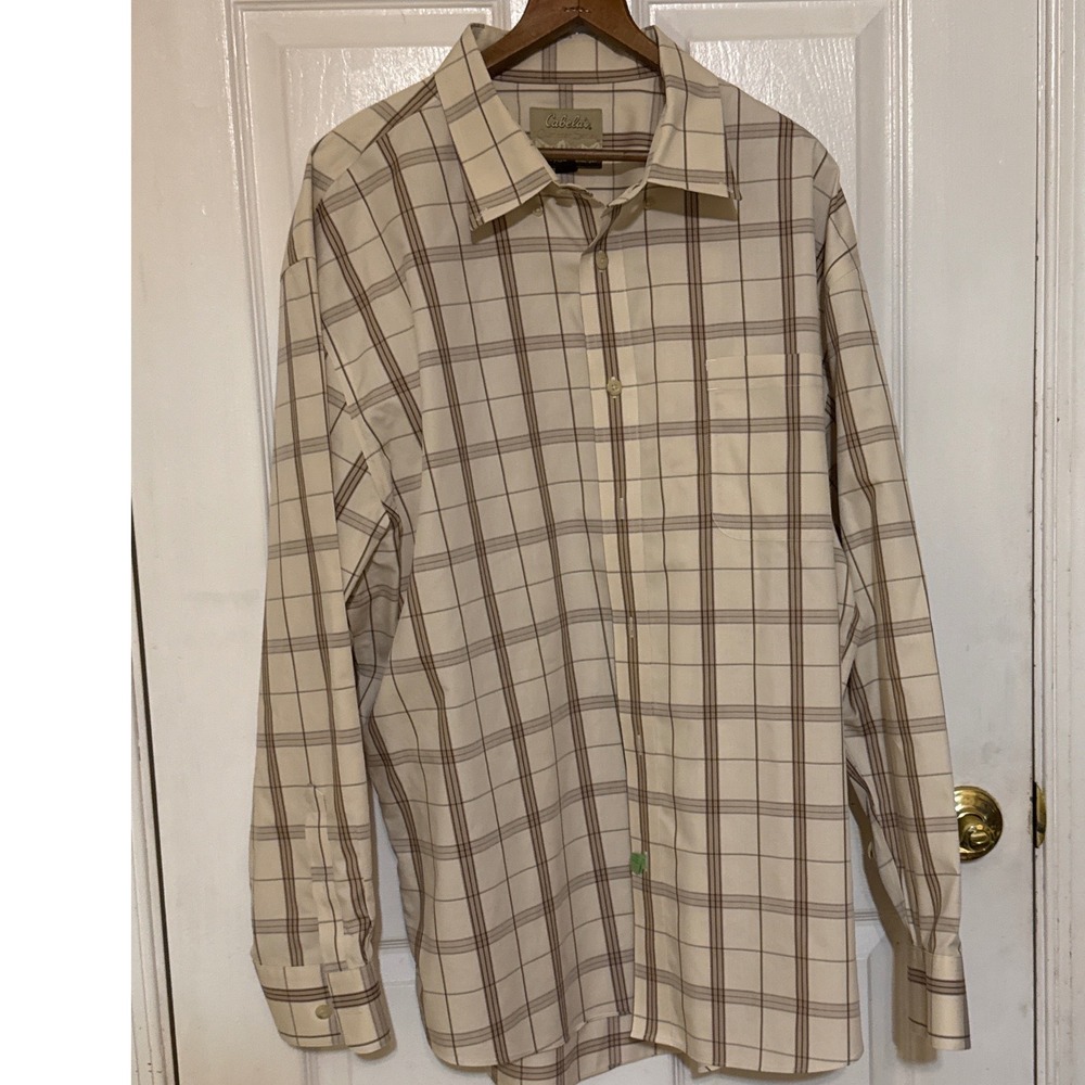 Cabelas Outfitter Series‎ Mens 2XL Plaid Button Down Shirt Tan Brown Long Sleeve